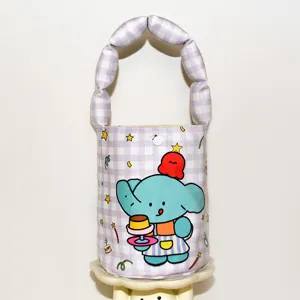 Cute purple plaid bucket handbag with padded strap and lovely blue cartoon elephant print.