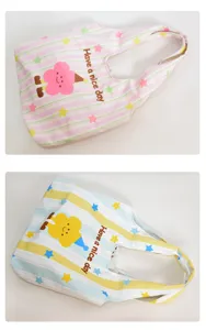 Canvas tote bag featuring cute cartoon cloud print and colorful stripes, casual daily shoulder bag.