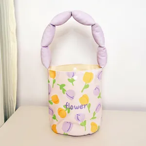 Cute floral canvas bucket bag with purple cloud handle, stylish summer handbag for women.