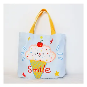 Cute cartoon ice cream canvas tote bag for women summer casual handbag with yellow handles
