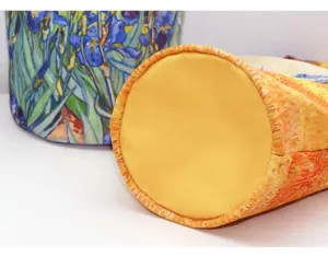 Van Gogh art print padded bucket bag detail, soft quilted fabric handbag, round bottom design.