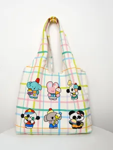 Cute canvas tote bag with colorful plaid pattern and adorable cartoon animal prints for daily use.