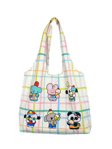 Casual canvas tote bag for women, large capacity shoulder bag with cute cartoon prints.