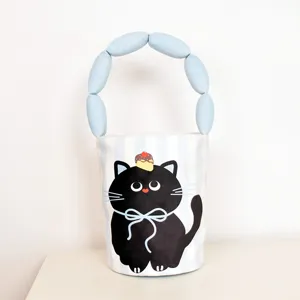 Cute black cat print bucket bag with soft padded blue handle, casual daily shoulder handbag.
