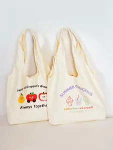 Beige canvas tote bag for women, large capacity casual shoulder bag with cute cartoon prints.