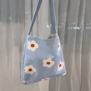 Korean style vintage canvas shoulder bag with white and orange floral print for daily casual use