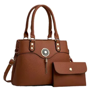 Modische braune Ledertasche und Geldbörsen Set für Damen, elegante Henkeltasche Handtasche.