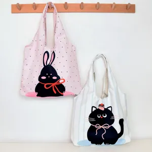 Cute cartoon cat rabbit printed canvas tote bag casual shoulder shopping bag for women