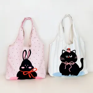 Cute cartoon cat and rabbit canvas tote bag, large capacity casual shoulder bag for women.