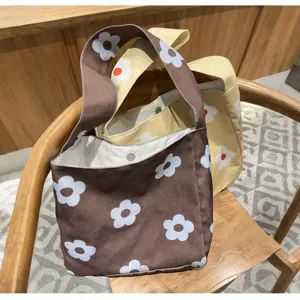 Korean style canvas shoulder bag with cute floral print, retro casual underarm bag for women.