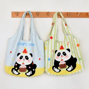 Cute cartoon panda print canvas tote bag casual shoulder bag large capacity shopping handbag