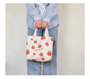 Canvas tomato print tote bag, casual handbag for daily use, cute bento lunch bag.