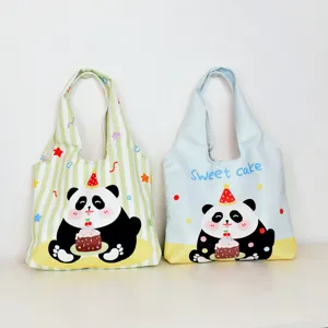 Cute cartoon panda printed canvas tote bag, large capacity casual shoulder shopping bag.