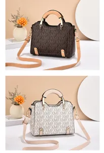 Vue détaillée de sac à bandoulière tendance pour femme en coloris marron et blanc élégant.