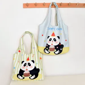 Cute panda canvas tote bag, casual large capacity shoulder bag for women daily commute use.