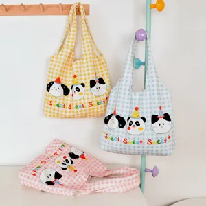 Cute cartoon printed canvas tote bag, large capacity casual plaid shoulder bag for daily use.