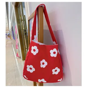 Red canvas shoulder bag with white flower pattern, sweet retro style large capacity underarm bag.