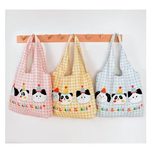 Canvas plaid tote bag large capacity cute cartoon shoulder bag daily commuter casual handbag