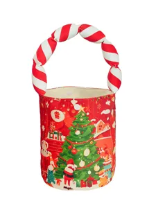 Christmas candy bucket bag with padded red white handle festive tree and Santa print gift tote