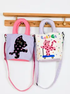 Women Casual Polyester Bucket Bag Cute Cat Print Polka Dot Crossbody Bag Small Handbag Ins Style Daily Travel Bag