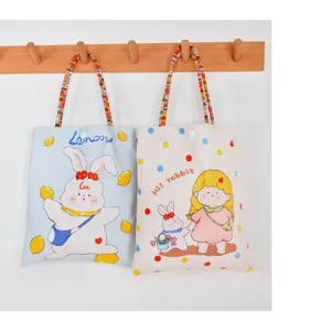 Cute cartoon printed canvas handbag casual summer small tote bag with colorful woven handles