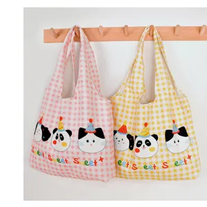 Cute plaid canvas tote bag, large capacity casual shoulder bag for women daily commute travel.