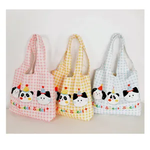 Cute canvas tote bag with plaid pattern, large capacity shoulder bag for daily casual commute use.