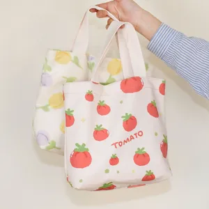 Canvas printed tote bag, cute tomato and floral pattern handbag, small lunch storage bag.