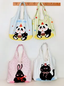 Women Cute Cartoon Animal Printed Canvas Tote Bag Large Capacity Casual Daily Shoulder Shopping Vest Bag