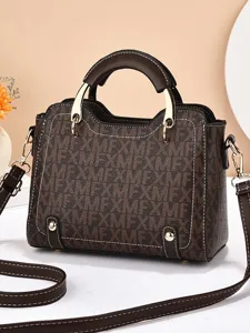 Sac Seau en Cuir PU pour Femmes Mode Imprimé Lettres Sac Bandoulière Poignée Supérieure Sac à Main Trajet Quotidien