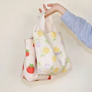 Cute canvas tote bag set with strawberry and tulip print, small casual handbag for daily use.