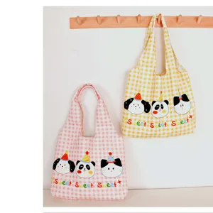 Cute grid canvas tote bag with lovely animal prints, large capacity casual shoulder bag.