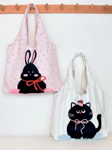 Cute cartoon cat rabbit canvas tote bag large capacity casual shoulder bag for women daily use