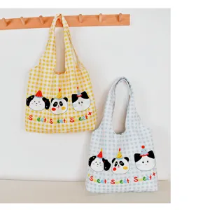 Cute plaid canvas shoulder bag, large capacity tote with animal prints for daily commute use.