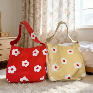 Canvas shoulder bag for women retro floral printed tote bag aesthetic daily commuter casual bag