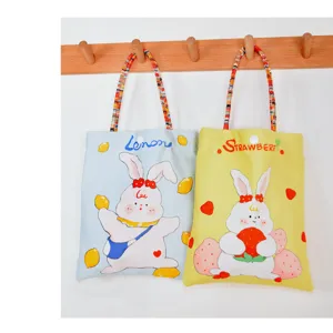 Cute canvas tote bag for women, summer casual cartoon handbag with rabbit print, portable small phone bag.