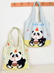 Cute cartoon panda print canvas tote bag, casual large capacity shoulder bag for women