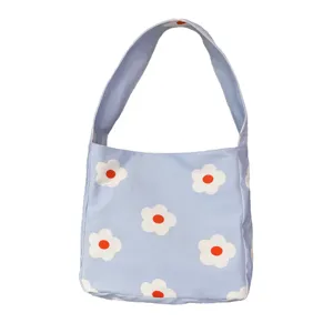 Light blue canvas shoulder bag for women with white daisy floral print casual daily tote handbag