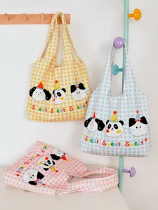Large Capacity Plaid Tote Bag Cute Cartoon Animal Print Casual Shoulder Bag Lightweight Commuter Handbag For Women
