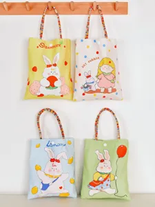 Cute Cartoon Rabbit Print Velveteen Top Handle Bag Small Casual Handbag Student Phone Bag Portable Tote