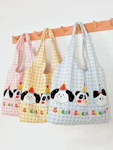 Korean style canvas plaid tote bag, large capacity casual shoulder bag for women daily commuting.