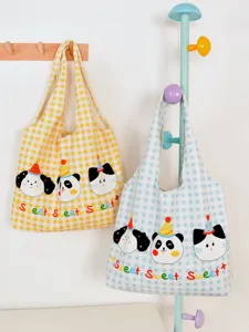 Cute plaid canvas shoulder tote bag, large capacity casual handbag for daily travel and shopping.