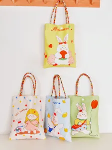 Canvas cartoon handbag for women, cute printed small tote bag for summer student daily use.