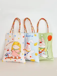 Cute cartoon print canvas handbag casual student small tote bag for summer daily use fashion