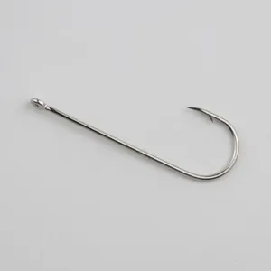 Detailed view of long shank saltwater fishing hook with eyelet for live bait and angling.