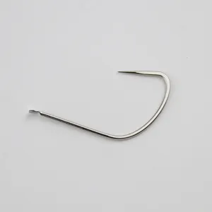 Close-up detail shot of a high-strength barbless metal fishing hook for outdoor angling use.