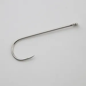 Close-up detail of a long shank fishing hook with eyelet, metallic silver finish for sea fishing.
