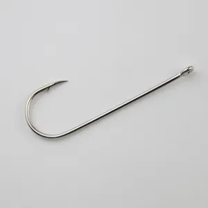 Close-up detail of a long shank stainless steel fishing hook with an eye and barbed tip.