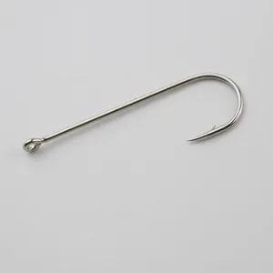 Detailed view of a long shank sea fishing hook with ring, ideal for saltwater fishing and live bait.