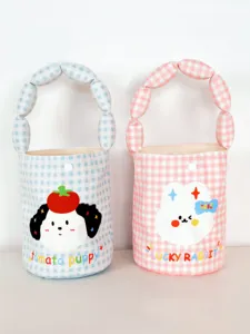 Cute plaid canvas handbag for kids, portable tote bag with cute animal print and bubble handle.